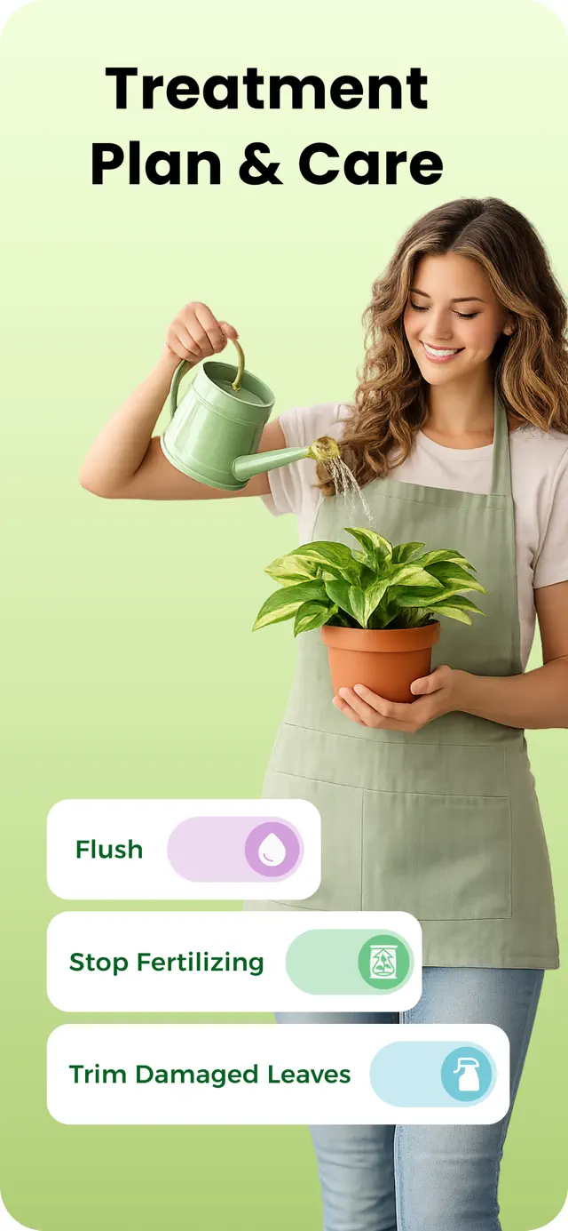 Treatment plan and care: flush, stop fertilising, trim damaged leaves.
